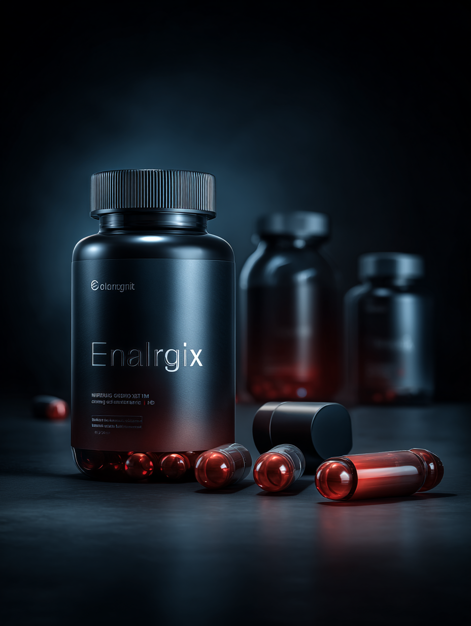 Enalrgix termék csomagolása semleges háttéren, természetes összetevőket tartalmazó táplálékkiegészítő